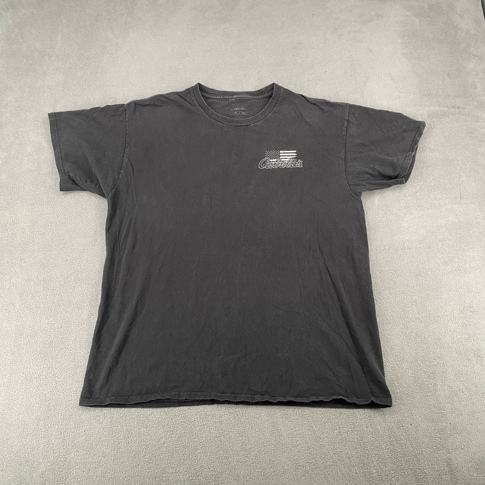 Cabelas Mens Large Black Distressed American Flag Graphic T-Shirt Y2K Grunge